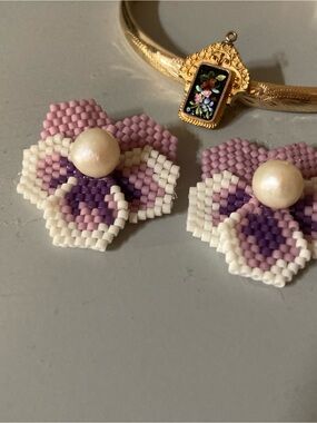 Handmade Purple & White Beaded Flower Earrings with Pearl Accent